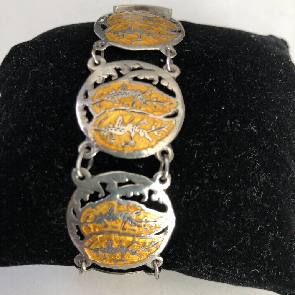 Vintage Siam Sterling Silver & Enamel Links Bracelet, Signed  6.5” 18 Grams